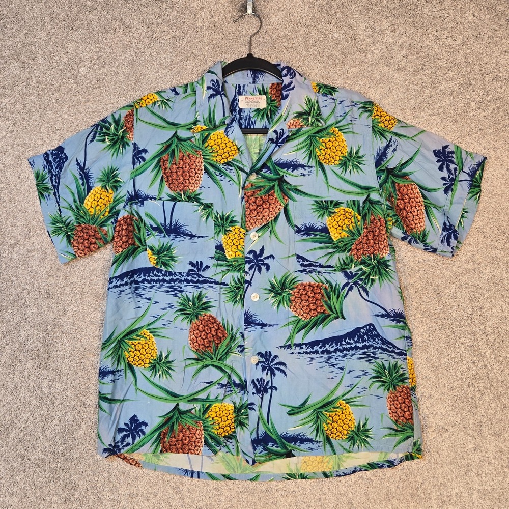 Vintage Penney's Rayon Hawaiian Shirt Medium 15/15.5 Made in Japan Pineapple